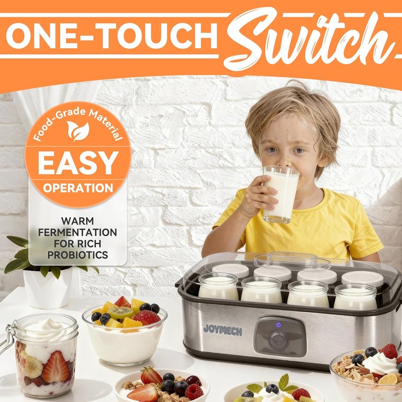 JoyMech Yogurt Maker Machine, 8 Glass Jars with Lids Reusable for Yoghurt, Oatmeal, Pudding, or Jello, Food-Grade Martial, One-touch Control, Homemade Yogurt - Image 2